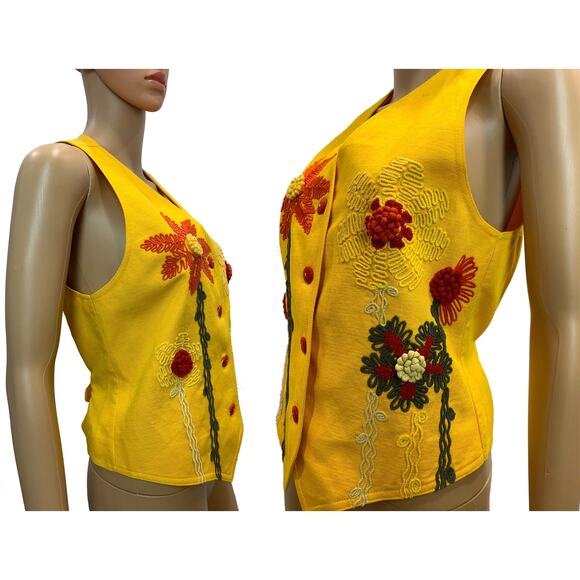 Cento x Cento Yellow Linen Blend Vest w Floral Embroidery | Italy 38 XS/S - Picture 5 of 9